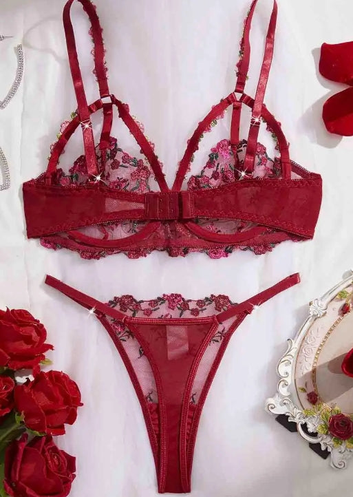 Ensemble lingerie 2 pièces femme à broderie florale transparente