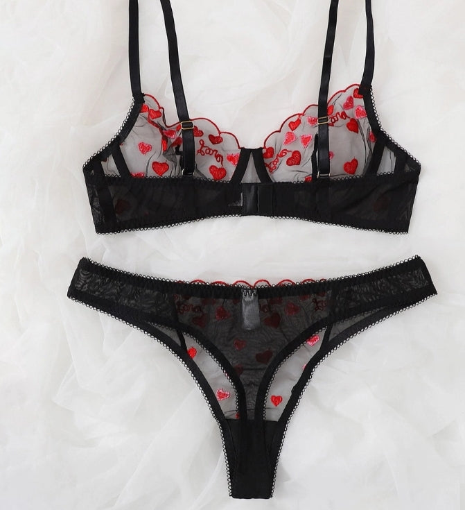 Ensemble lingerie brodé en tulle noir transparent