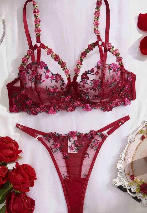 Ensemble lingerie 2 pièces femme à broderie florale transparente